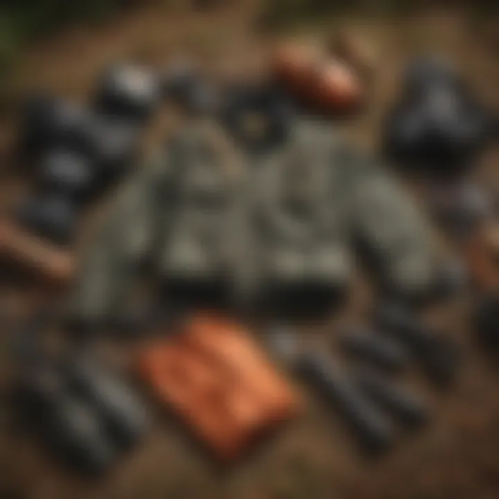 Hunting gear laid out in preparation for a day in the field, highlighting safety equipment.