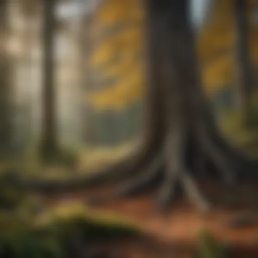 A serene forest landscape showcasing diverse tree species