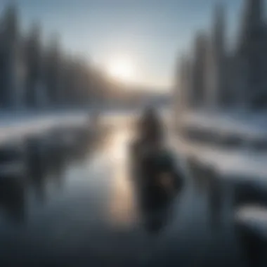 Adventurers on a Frozen Lake Group of snowmobilers navigating a wide-open frozen lake