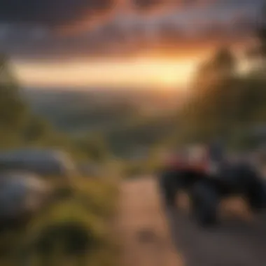 A vibrant sunset illuminating the rugged terrain of an ATV park