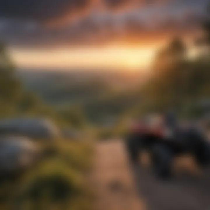 A vibrant sunset illuminating the rugged terrain of an ATV park