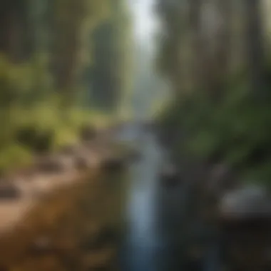 Riverside Trail Beauty Crystal clear river flowing alongside a national forest trail bordered by towering trees