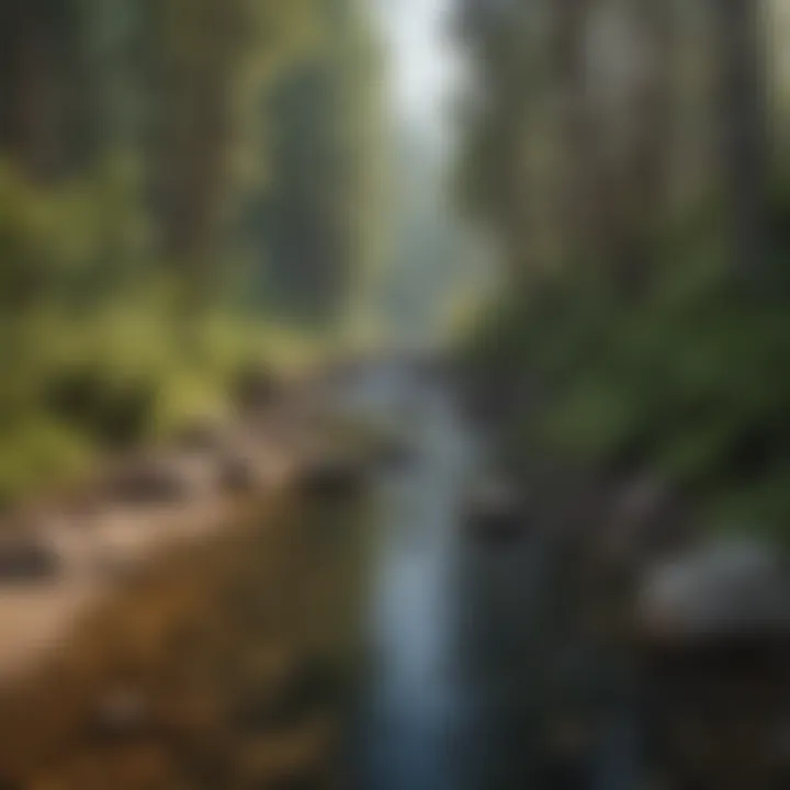 Riverside Trail Beauty Crystal clear river flowing alongside a national forest trail bordered by towering trees