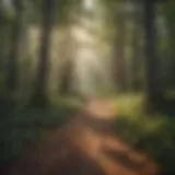 A serene forest trail with dappled sunlight filtering through the trees