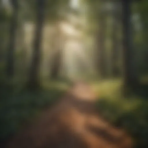 A serene forest trail with dappled sunlight filtering through the trees