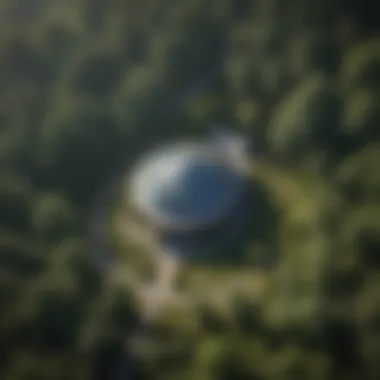 Aerial view of a national park visitor center surrounded by lush greenery