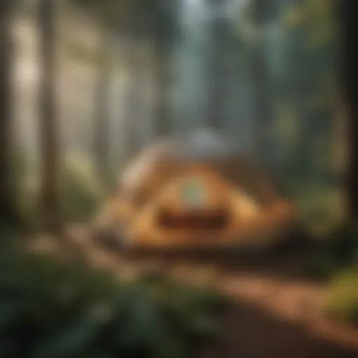 Tent nestled in lush forest setting