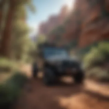 Adventure Awaits on Desert Trails A rugged vehicle navigating a desert trail surrounded by unique flora