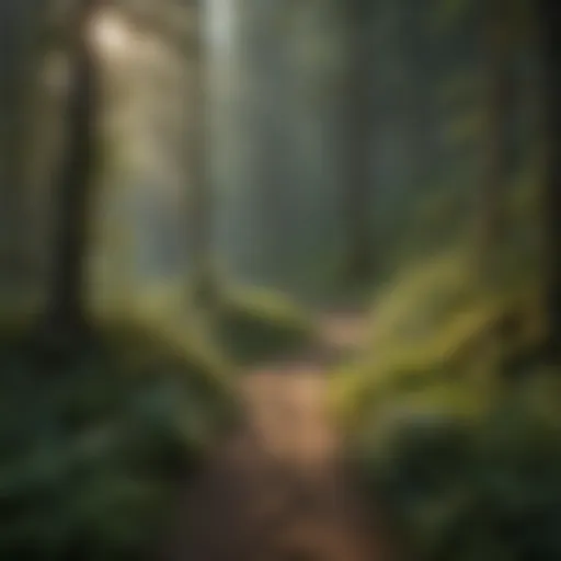 Aerial view of a winding offroad trail through lush forest