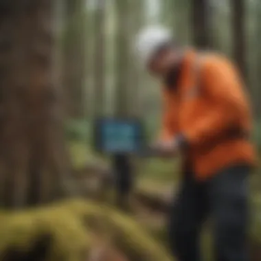 Technology in Forestry Practices A professional examining tree health using modern technology