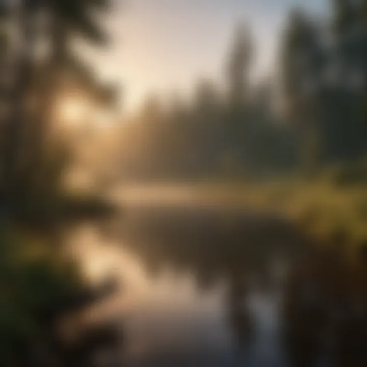 Sunrise over a tranquil lake surrounded by lush greenery