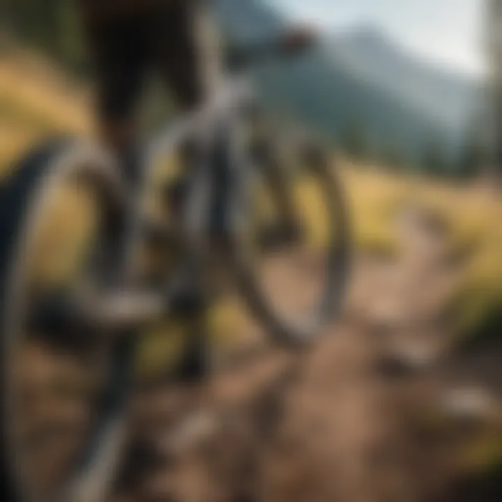 Close-up of a mountain bike on rugged terrain