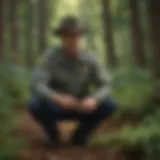Park ranger examining plant species in forest