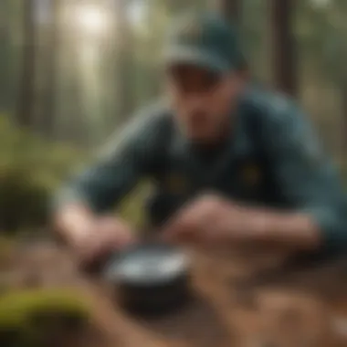 Park ranger using compass for navigation in wilderness