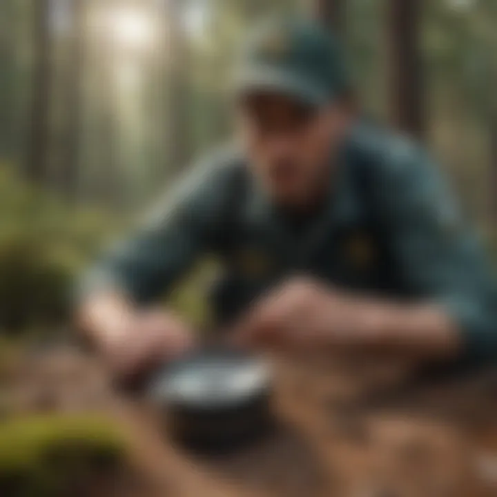 Park ranger using compass for navigation in wilderness