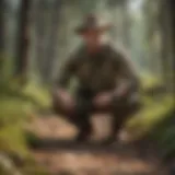 Park ranger examining wildlife tracks in forest