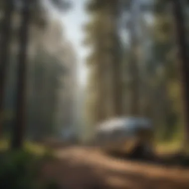 A serene campsite nestled among towering trees