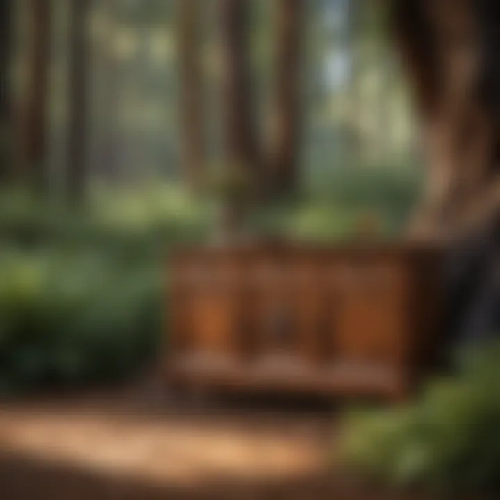 A serene outdoor setting displaying stained redwood furniture