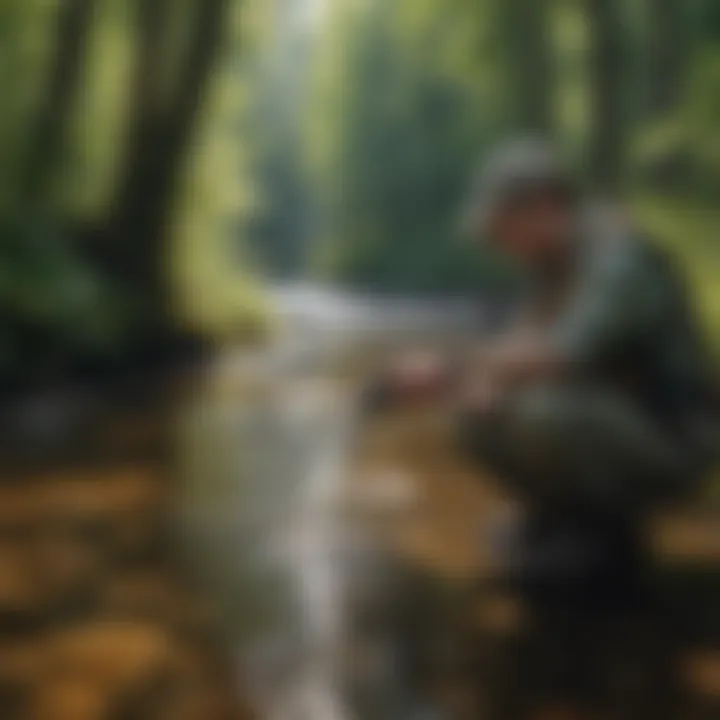 A close-up of a person using specialized equipment to measure water quality in a river