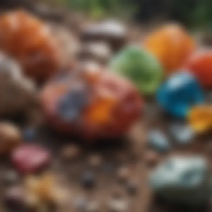 A close-up of various minerals collected during rockhounding, highlighting their unique textures and colors.