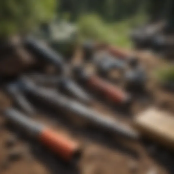 An array of essential rockhounding tools laid out on a rugged terrain, ready for an expedition.