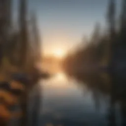 A panoramic view of Rubicon Bay at sunrise, showcasing its tranquil waters and surrounding forests.