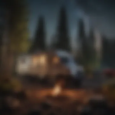 A campfire under a starry night sky at a boondocking site.