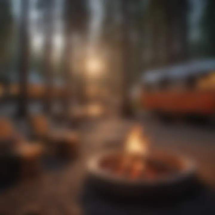 Cozy campfire scene at an RV park camp host accommodation Campfire in front of RV park camp host accommodation