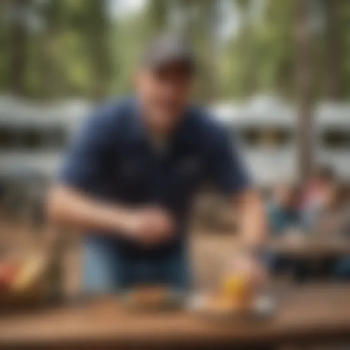 Engaging with guests at an RV park camp host site RV park camp host interacting with guests around picnic table