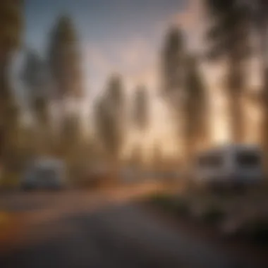 Serene ambiance of an RV park camp host station Welcoming RV park camp host station under the sunset