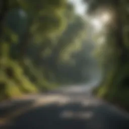 A panoramic view of a winding forest road surrounded by lush greenery