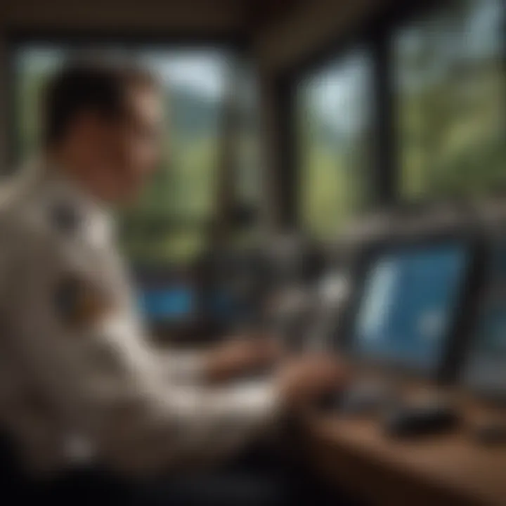 Security guard monitoring high-tech control panel