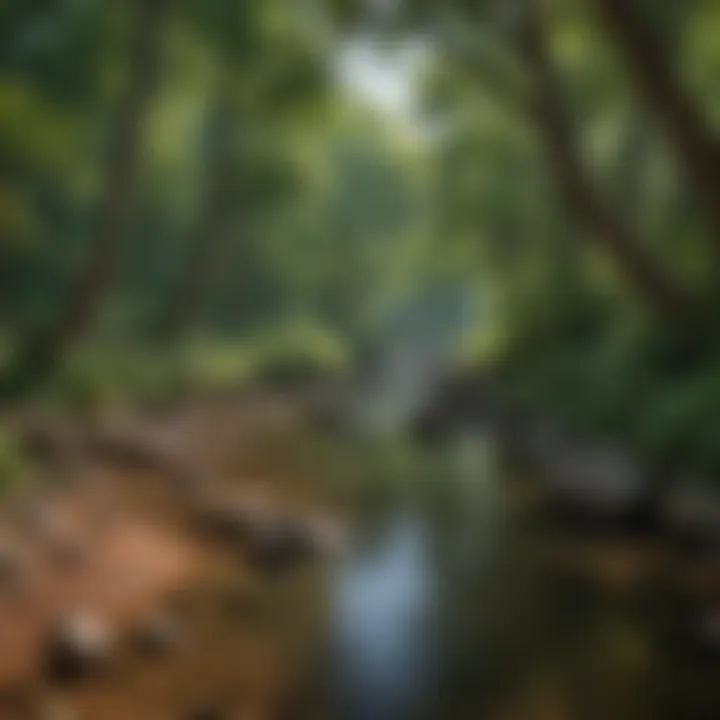A serene view of one of Shawnee Forest's tranquil streams surrounded by lush greenery