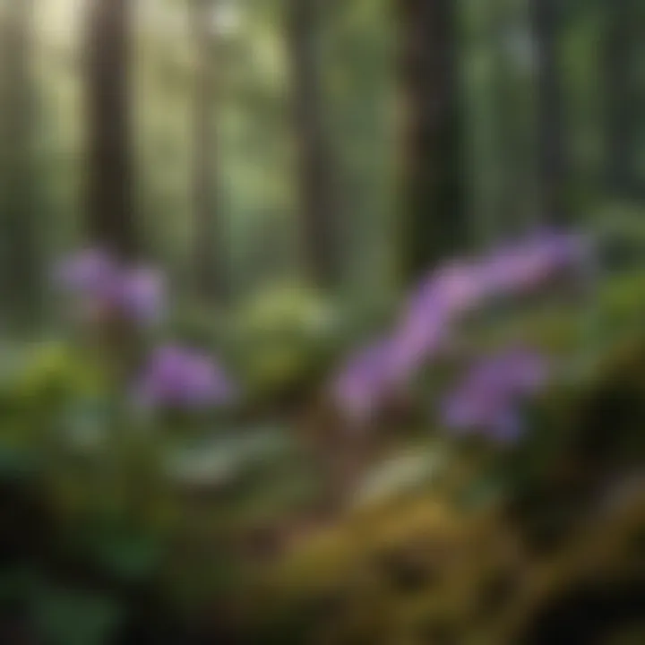 Small purple flowers blooming among lush green foliage in a forest