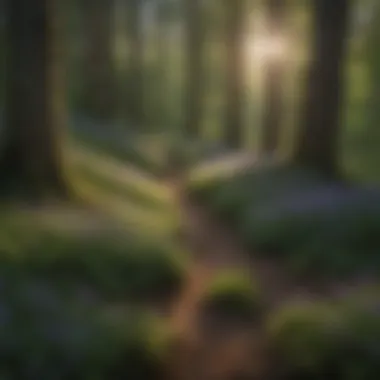 A diverse forest landscape showcasing the presence of small purple flowers