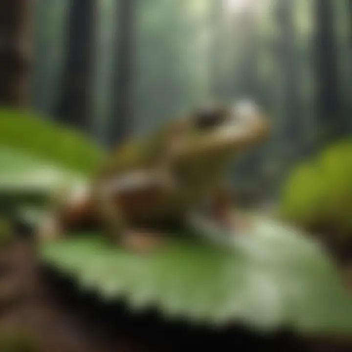 A close-up of a small amphibian perched on a leaf, emphasizing its role in the ecosystem.