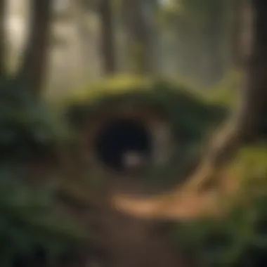 Hidden Burrow in the Forest A hidden burrow of a small wild animal surrounded by lush vegetation.