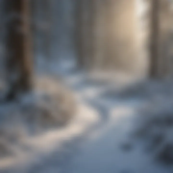 A winding snowshoeing trail through a dense forest