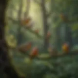 Diversity of Songbirds in Natural Habitats A vibrant forest scene showcasing diverse songbird species perched on branches among lush foliage.