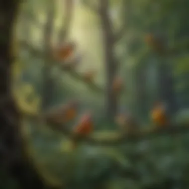 Diversity of Songbirds in Natural Habitats A vibrant forest scene showcasing diverse songbird species perched on branches among lush foliage.