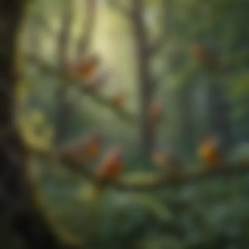 Diversity of Songbirds in Natural Habitats A vibrant forest scene showcasing diverse songbird species perched on branches among lush foliage.