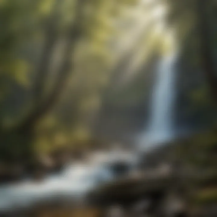 Sunlight filtering through the mist of a powerful waterfall