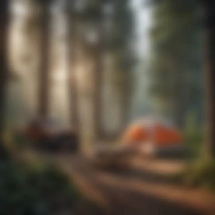 A campsite setup amidst towering trees at Sullivan Lake Campground.