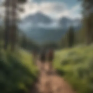 Adventurers hiking on a trail with stunning mountain backdrop