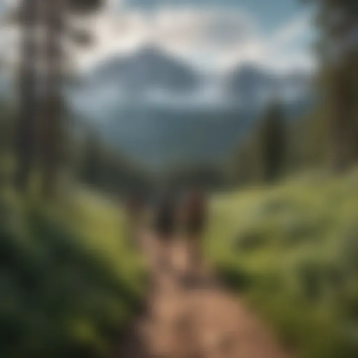 Adventurers hiking on a trail with stunning mountain backdrop