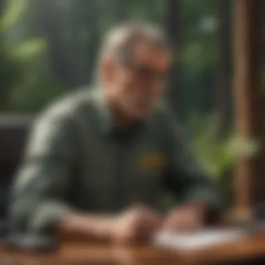 A job seeker reviewing a resume and job listings at a desk.