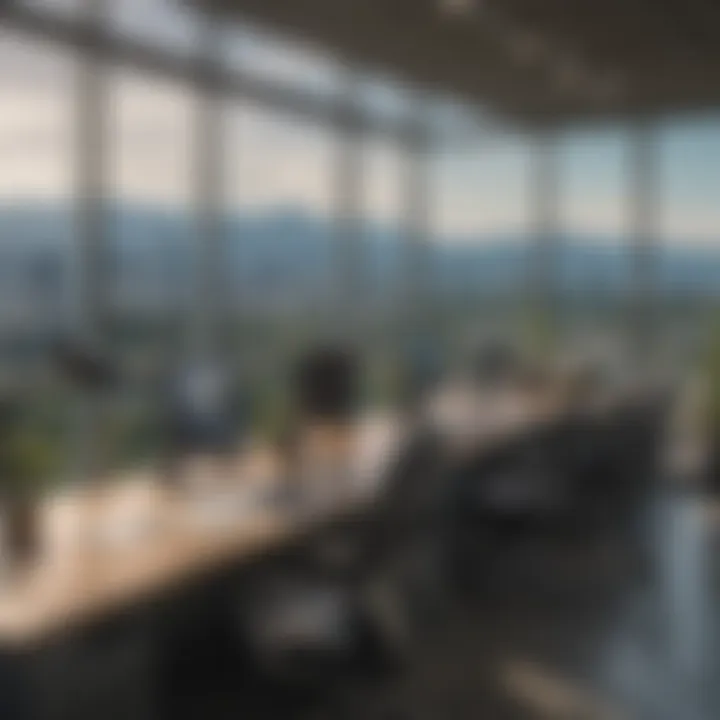 Modern office workspace with panoramic windows overlooking Vancouver skyline