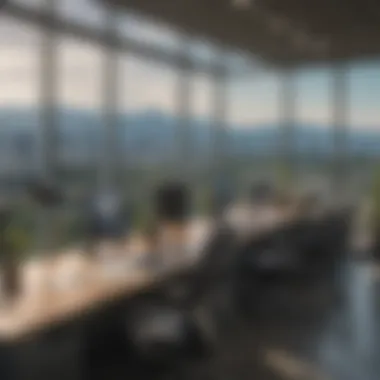 Corporate Haven in Vancouver Modern office workspace with panoramic windows overlooking Vancouver skyline