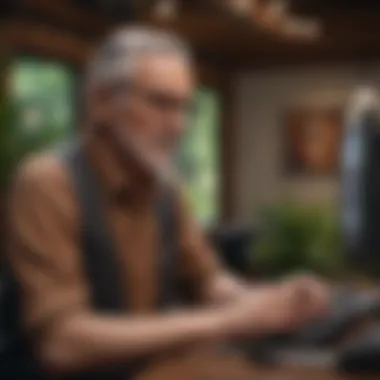 Embracing Technology in Temporary Work Senior man engaging with technology in a co-working space