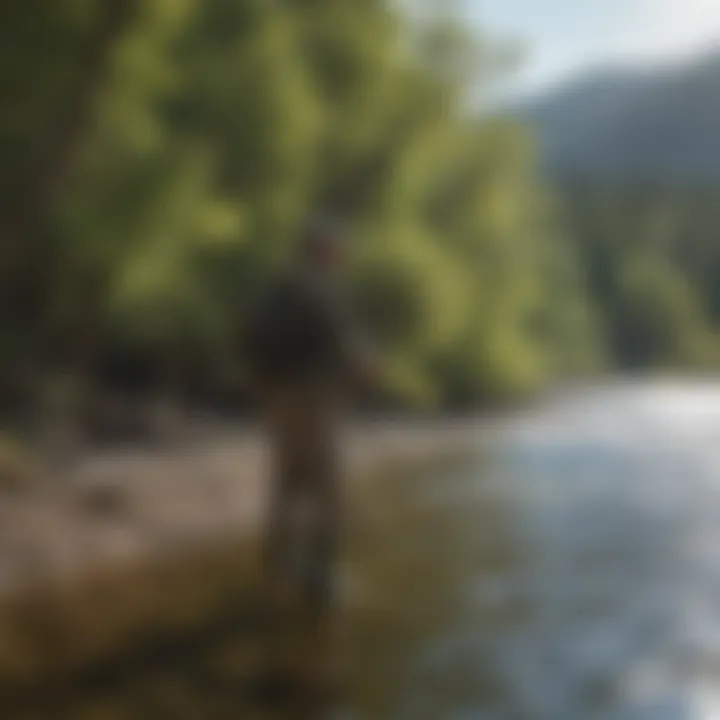 An angler skillfully casting a line from a rocky riverbank, demonstrating fishing techniques